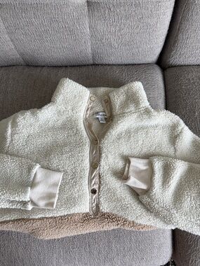 Calvin Klein Ivory Sherpa Half-Snap Pullover with Tan Hem